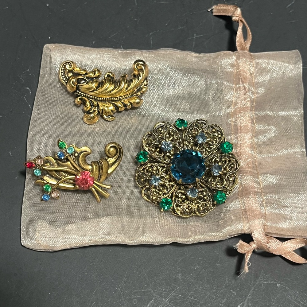 Vintage Brooches gold tone Filigree and gemstones 3 pieces